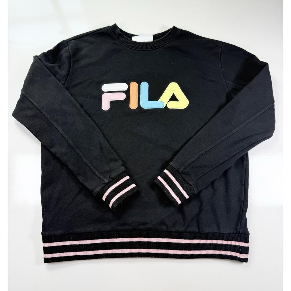 Vintage FILA Multicolor‎ Logo Black Pullover Sweater Crew Neck Women's Large